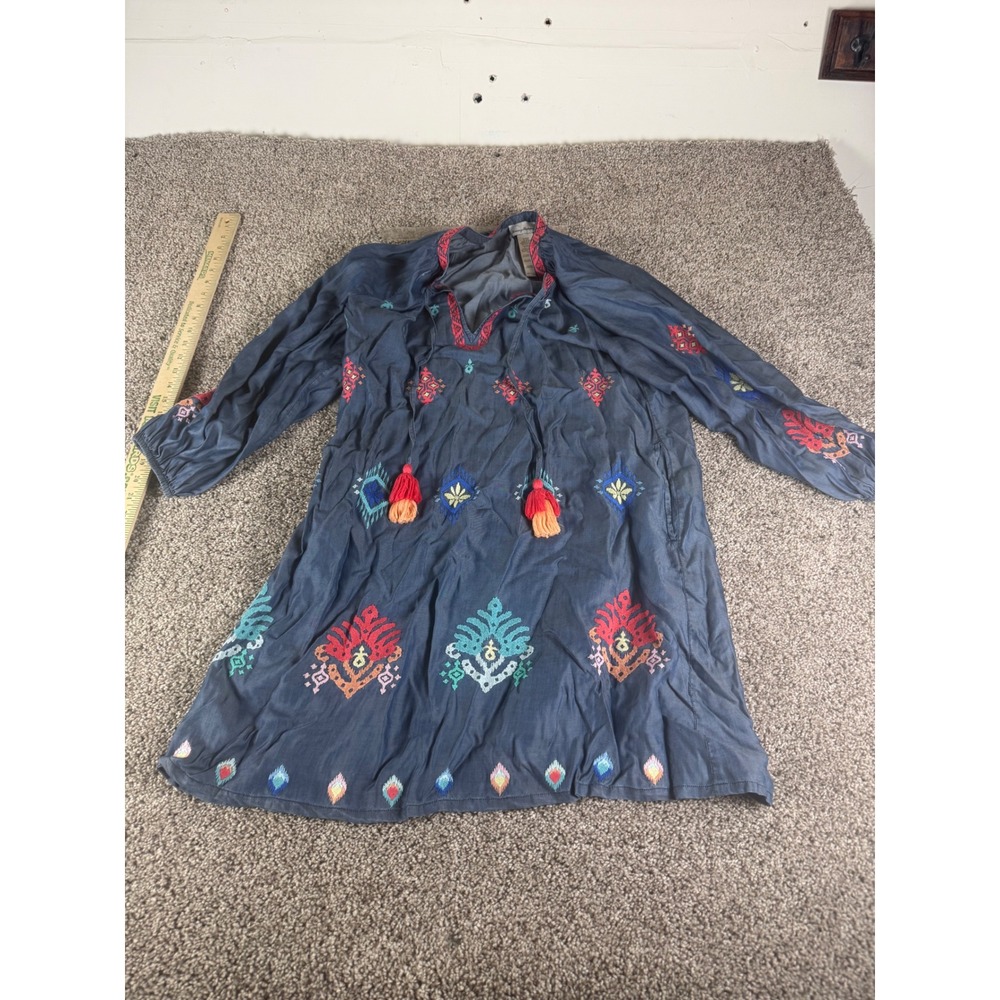 Tommy Bahama Womens Blue Embroidered Tencel Tassel Shift Dress M 245-SS500524
